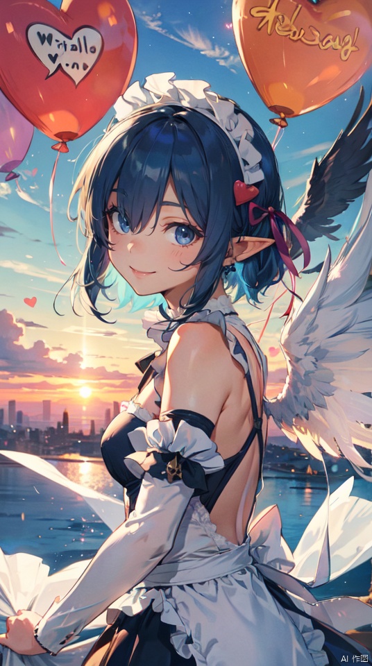  masterpiece, best quality, 1girl, 30 years old,solo, small breasts, looking at viewer,(fantasy) ,smile, elf ears,short hair, blue eyes,(sunset:1.1), （upper body:1.1),hair ornament, ribbon, blue hair, hair ribbon, detached sleeves, angel wings with wind effect, hair over one eye, barefoot,cloud,maid, maid headdress, parody, hearts balloon,sky castle, roswaal mansion maid uniform,  sky,cloud, segaev, landing, lora_eyes10, , jellyfishforest