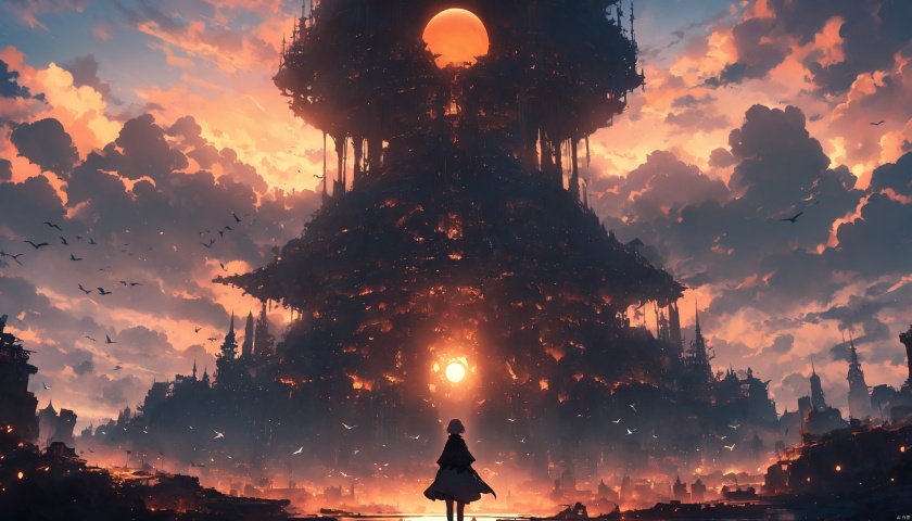 masterpiece,best quality,very aesthetic,ultra sharp,ultra details,intricate details,absurdres,1girl, cloud, scenery, sky, solo, outdoors, dress, horizon, fantasy, standing, tower, short hair, sun, from behind, cloudy sky, bird, capelet, sunrise, blue sky, sunset, facing away, cityscape, city