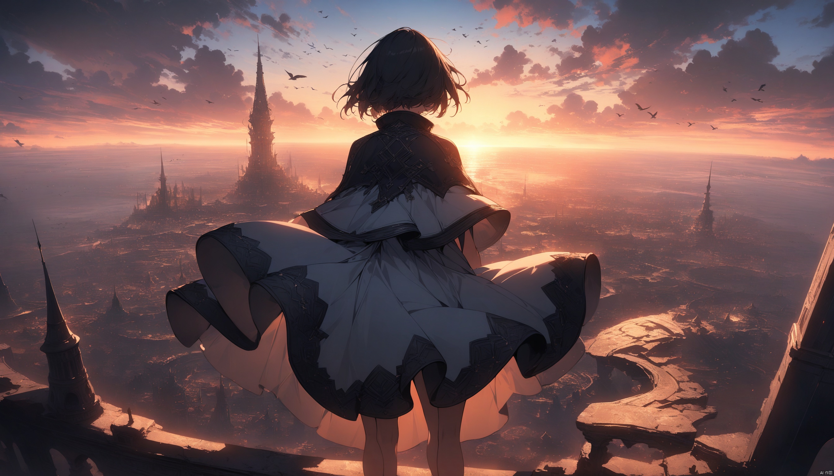 masterpiece,best quality,very aesthetic,ultra sharp,ultra details,intricate details,absurdres,1girl, cloud, scenery, sky, solo, outdoors, dress, horizon, fantasy, standing, tower, short hair, sun, from behind, cloudy sky, bird, capelet, sunrise, blue sky, sunset, facing away, cityscape, city
