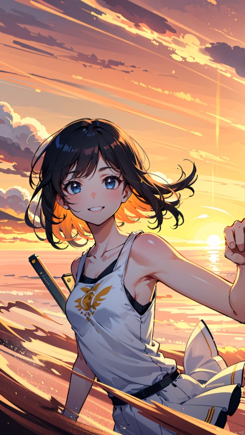 masterpiece, best quality , 1girl, Fantasy world, cute patterned white tank top ,strong wind, sunset, travel, Light in the face, windy, strong sunset,smile, kawaii, (dynamic angle),blue eyes, Lora_hands_v1, girl