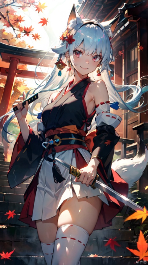 masterpiece, best quality, intricate details, 1girl, upper body,solo, slender, tall,long hair, looking at viewer,  white hair, very long hair, outdoors, serafuku, hair ornament, thighhighs, bare shoulders, jewelry, hairband, earrings, detached sleeves, japanese clothes,wide sleeves, white thighhighs, red skirt, obi, sandals,, tassel, hakama, nontraditional miko, hip vent,sword, red eyes, tree, leaf, katana, realistic, autumn leaves, torii, autumn,fox ears, iridescent light,(glow light:1.1)
, taoist, backlight, segaev, Lora_hands_v1