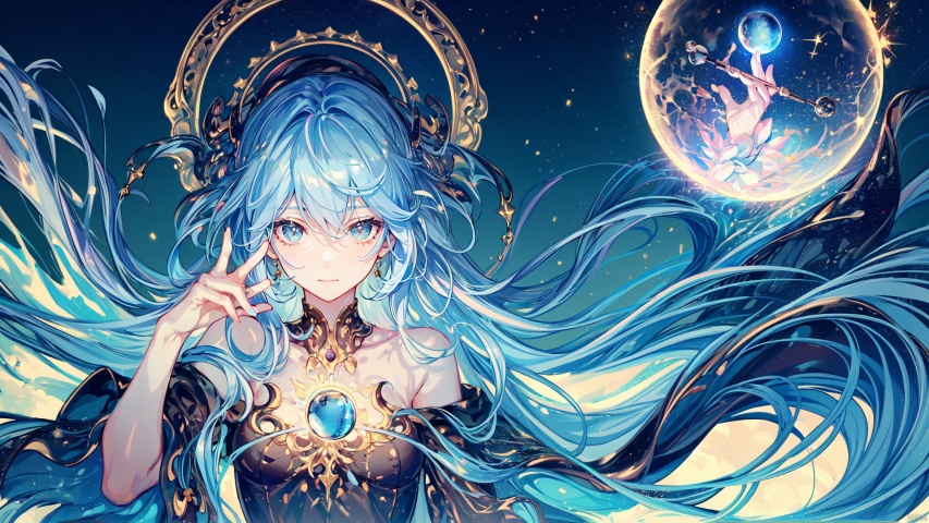  (((masterpiece))), ((extremely detailed CG unity 8k wallpaper)), best quality, high resolution illustration, Amazing, highres, intricate detail, (best illumination, best shadow, an extremely delicate and beautiful), Fantasy World,a little girl, cute girl, bare shoulders,closed mouth, 
long hair, blue hair, blue eyes, blue which hat, 
oversized white shirt, dark cape, wind magic, 
(long sorcerer's staff, holding a wand with a blue crystal orb at the tip in one hand:1.2), magic pose,
kawaiitech, kawaii, cute colors, Magic Circle, Magic MIX1, fansty world
