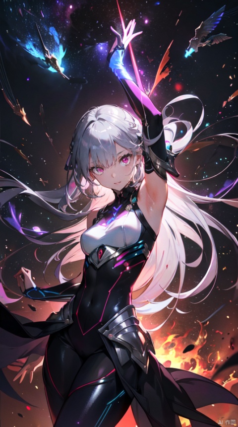  masterpiece, best quality, 1girl, solo, long hair, purple hair, slender,floating hair ,(extremely delicate eyes:1.3)futuristic armour, (extremely detailed silver shiny armour),bare shoulders,white tight bodysuit , breasts, (perfect body),attacking, fire,electric ,magic, purple with red theme,galaxy,powerful ,fazhen, r1ge, CLOUD, Lora_hands_v1