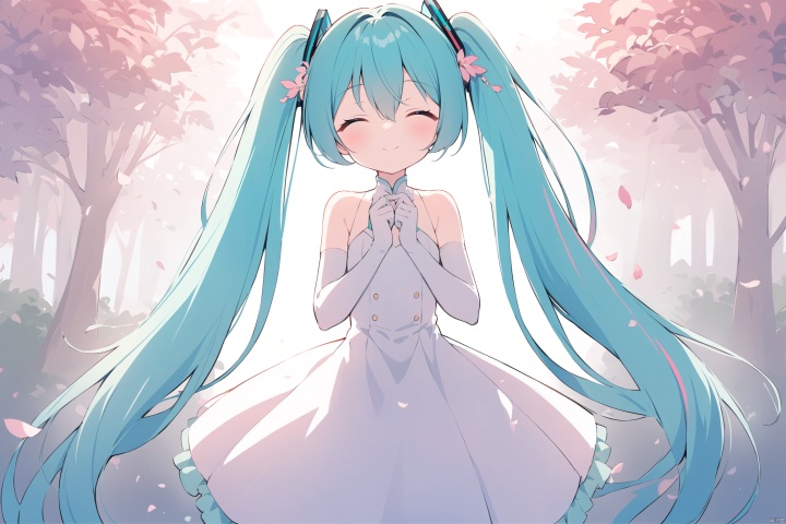 (score_9,score_8_up,score_7_up),an anime character standing in the mist in a soft light setting with leaves in the air, 1girl, hatsune miku, solo, dress, long hair, closed eyes, twintails, elbow gloves, gloves, petals, very long hair, white dress, hair ornament,