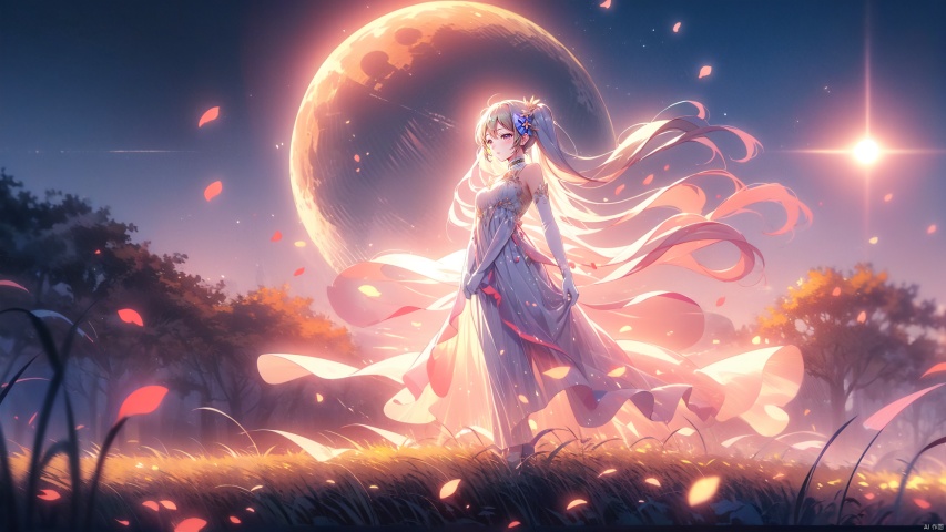 an anime character standing in the mist in a soft light setting with leaves in the air, 1girl, hatsune miku, solo, dress, long hair, closed eyes, twintails, elbow gloves, gloves, petals, very long hair, white dress, hair ornament,As the moon,jellyfishforest