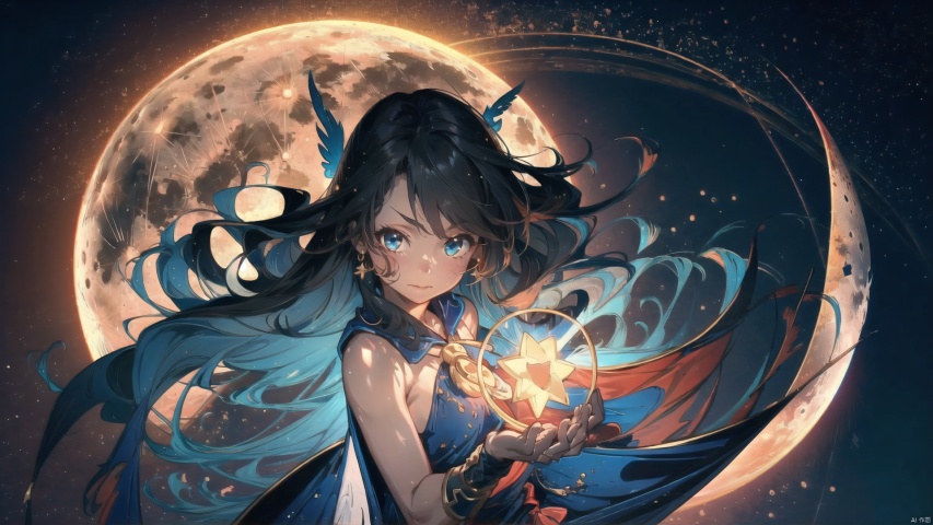  masterpiece, extremely detailed CG unity 8k wallpaper, best quality, high resolution illustration, Amazing, highres, intricate detail,  Fantasy World,(a little girl, cute girl), bare shoulders,closed mouth, 
long hair, blue hair, blue eyes, blue which hat, 
oversized white shirt, dark cape, wind magic, 
(Holding long sorcerer's staff), magic pose,
kawaiitech, kawaii, cute colors, Magic Circle, Magic MIX1, fansty world, SEGAE, segaev, As the moon, prisma illya,1girl