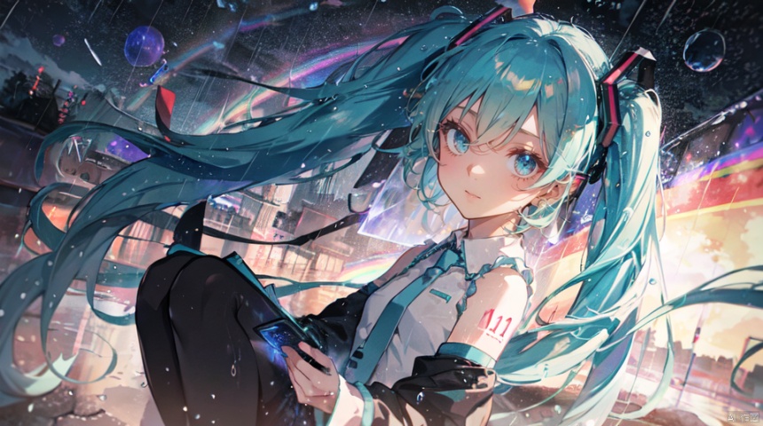  masterpiece, best quality,1girl, hatsune miku,Parallel time and space,fantasy,rainbow,( raining1.1), colourful, gradient, lighting and shadows, busy, segaev, mikudef, jinzya, lora_eyes10,