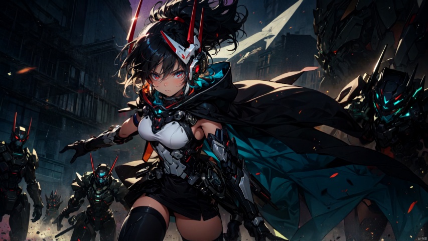  ((masterpiece:1.2)),(( best quality)), 1girl, weapon, black hair, solo, red eyes, sword,  breasts, holding sword, thighhighs, gloves, short hair, looking at viewer, white thighhighs, headgear, multicolored hair, closed mouth, black gloves, streaked hair, elbow gloves,breasts, hair between eyes, dress, mecha musume, hood, cape, machinery