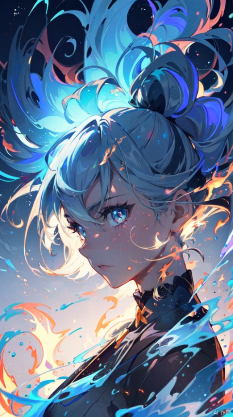  masterpiece, best quality, 1girl, a stunning anime wallpaper featuring the face of an enigmatic character with glowing eyes, surrounded by swirling flames and ethereal energy waves. Focus on materials that evoke warmth or luxury, such as silk or velvet. Vector illustration in the style of anime, with a dark blue background color, segaev, r1ge