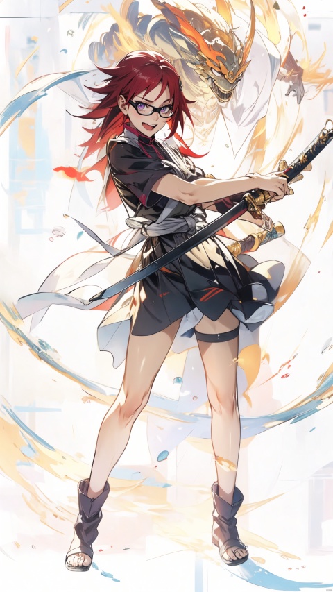  masterpiece, best quality, 1girl, Karin Uzumaki ,slender, beasts,(boots:1.1), bare shoulders,looking at viewer, fantasy world background,black glasses,red long hair, holding, open mouth, standing, full body, weapon,fire, red armor, sword,holding weapon, holding sword, katana, sheath, sheathed, fighting stance, unsheathing, segaev, Karin_Uzumaki, Karin_Uzumaki, Naruto, taoist,Karin, mechpp