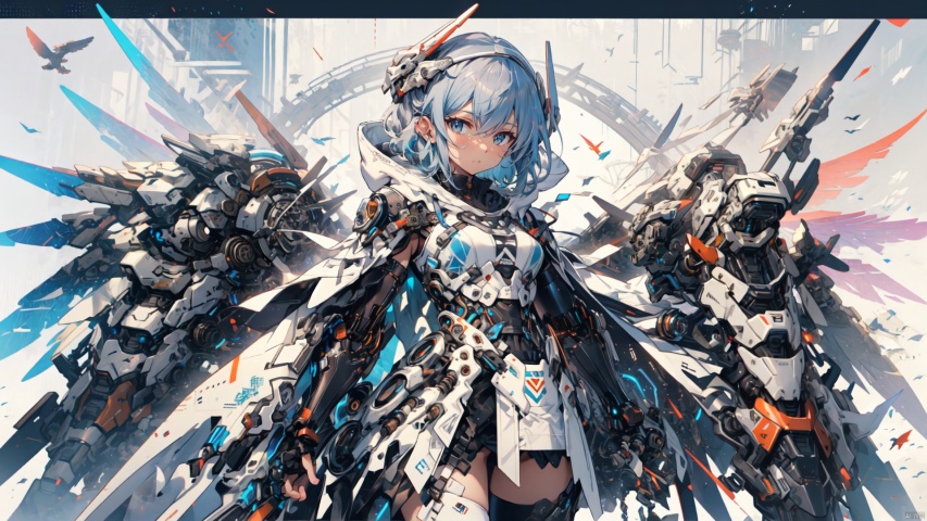  ((masterpiece:1.2)),(( best quality)), 1girl, weapon, black hair, solo, red eyes, sword, breasts, holding sword, thighhighs, gloves, short hair, looking at viewer, white thighhighs, headgear, multicolored hair, closed mouth, black gloves, streaked hair, elbow gloves,breasts, hair between eyes, dress, mecha musume, hood, cape, machinery, tianxie, ROBOTANIMESTYLE, robot girl,