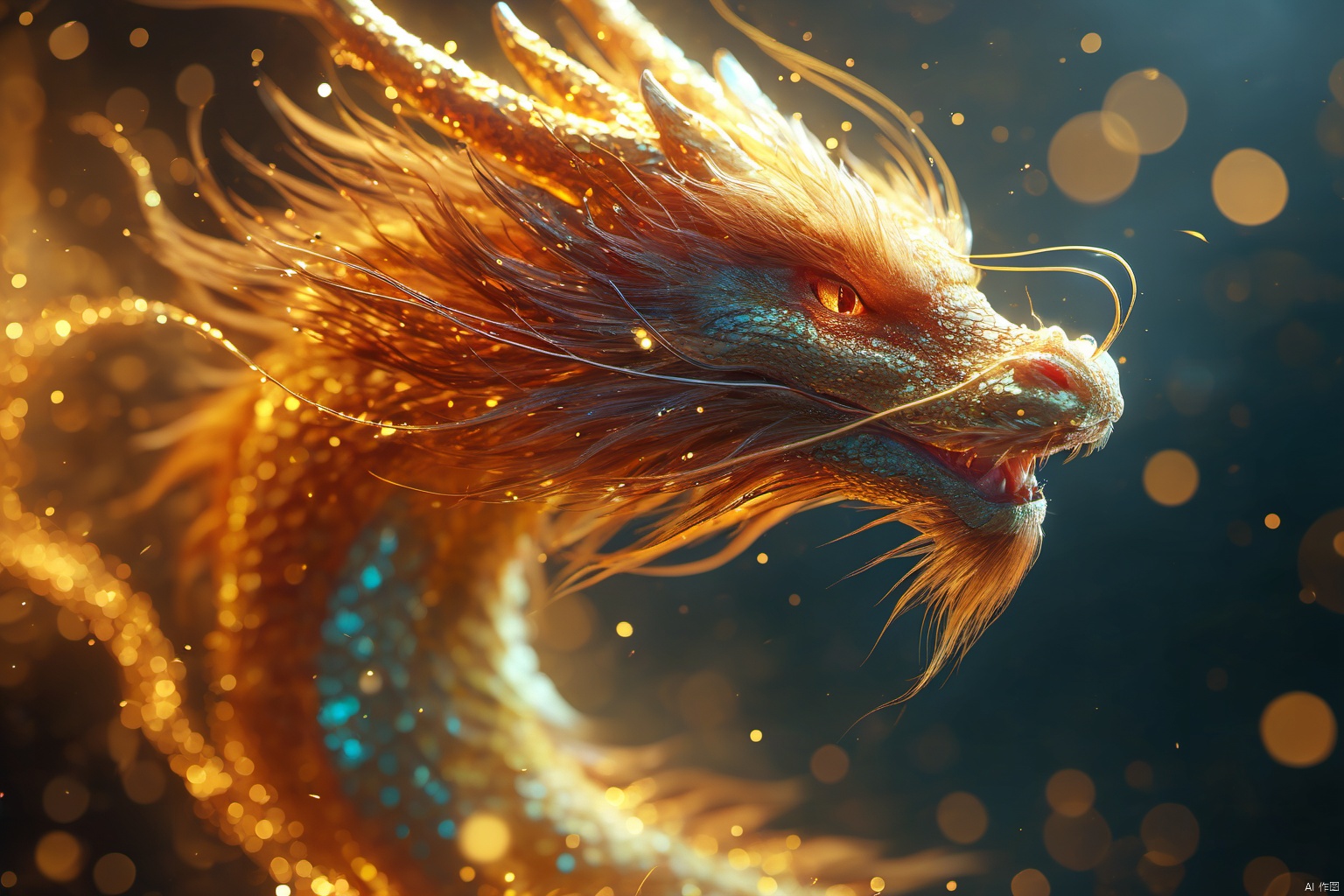  masterpiece,best quality,dragon, 
particles,dragon,no humans, simple background, solo, animal, from side, shining eyes,flying,eastern_dragon, particles,golden theme