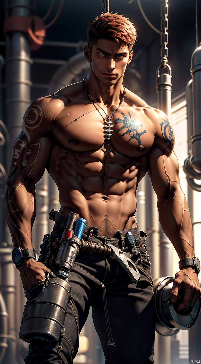  boy,16-year-old boy,Young male,A handsome boy,A strong boy,Young face,(Red short hair:1.5),(Not wearing clothes:1.6),(Bare upper body:1.6),solo,big muscle,(thick arms),(big pecs),( long legs),slim,1male,(Mechanist pants:1.6),(Pants with plenty of pockets:1.6),(There are many tools hanging on the belt:1.6),(Holding a large pipeline mechanical device in hand:1.6),(large pectorals:1.4),(The black tattoo on the arm:1.4),slender waist,abs,abdominal muscle,(shiny skin:1),(dark skin:1.6),dark skin,(long legs),(Narrow and complex mechanical pipeline space:1.5),(Long Range Perspectives Characters:1.6),(A complex and detailed background:1.6),(wide dynamic range:1.6),realistic,best quality,dynamic lighting,natural shadow,ray tracing,volumetric lighting,highest detail,detailed background,insane details,intricate,detailed face,detailed skin,subsurface scattering