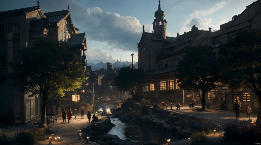  realistic, masterpiece, best quality, cinematic, dynamic lighting, natural shadow, ray tracing, volumetric lighting, highest detail, professional photography, detailed background,insane details, intricate, aesthetic,detailed matte painting,fantastic and intricate details,Bright color tones,Sunny Weather,fantasy concept art,8k resolution trending on Artstation Unreal Engine,medieval city,Compact architecture,Many people,Multiple buildings