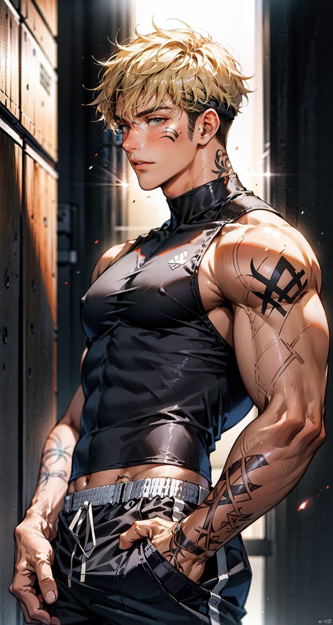 handsome male,upper body portrait,young,solo,big muscle,(thick arms),(big pecs),( long legs),slim,1male,slender waist,hands in pockets,abdominal muscle,blonde hair,Wearing a black sleeveless high neck top with a black vest,black shorts,Tattoos on arms,niji5, flamebringer (arknights)