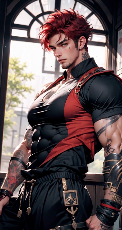  handsome male,upper body portrait,young,solo,big muscle,(thick arms),(big pecs),( long legs),slim,1male,slender waist,hands in pockets,abdominal muscle,Red hair,Black vest,Tattoos on arms,niji5, flamebringer (arknights),black bodysuit, hedelei,there are horns on the head,A strong male, black bodysuit, suncedhy