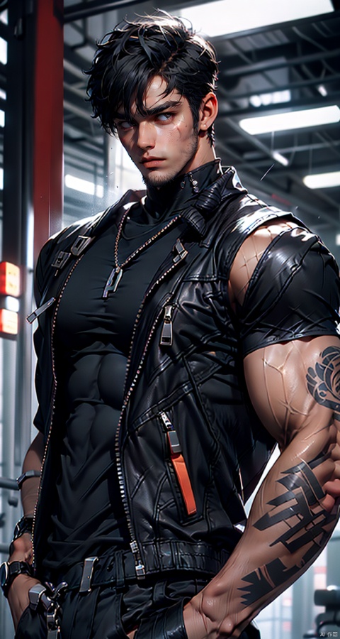  handsome male,upper body portrait,young,solo,big muscle,(thick arms),(big pecs),( long legs),slim,1male,slender waist,hands in pockets,(an open sleeveless jacket),(black vest),tattoos on arms, black bodysuit, fu, trailblazer,bodysuit,(large pectorals:1.5),(shiny skin:1)