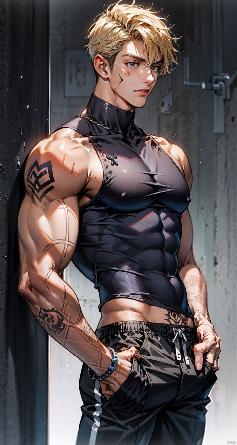 handsome male,upper body portrait,young,solo,big muscle,(thick arms),(big pecs),( long legs),slim,1male,slender waist,hands in pockets,abdominal muscle,blonde hair,black sleeveless turtleneck top,Wearing a black vest,black shorts,Tattoos on arms,niji5, flamebringer (arknights)