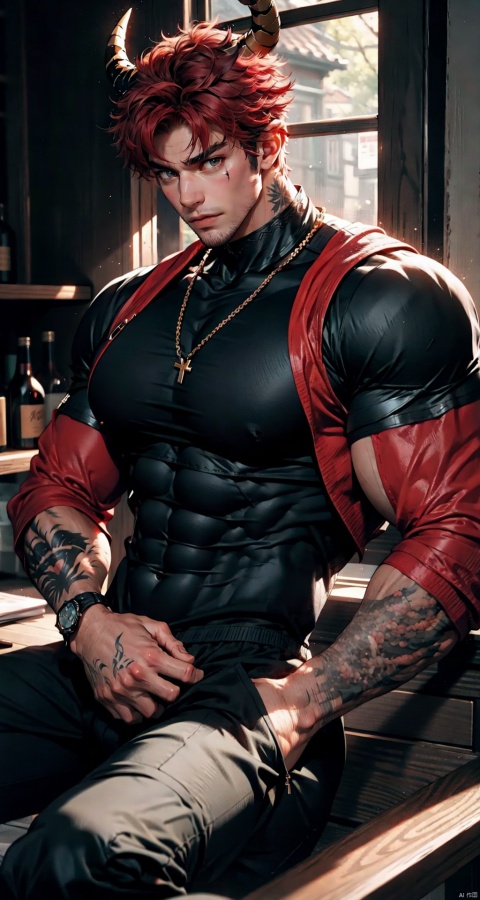 handsome male,upper body portrait,young,solo,big muscle,(thick arms),(big pecs),( long legs),slim,1male,slender waist,hands in pockets,abdominal muscle,Red hair,Black vest,Tattoos on arms,niji5, flamebringer (arknights),black bodysuit, hedelei,there are horns on the head,A strong male, black bodysuit, suncedhy