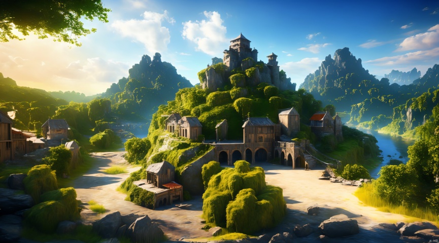  The surrounding decor contains green plants,detailed matte painting,fantastic and intricate details, fantasy concept art, 8k resolution trending on Artstation Unreal Engine, (\tong hua cheng bao\), RPG,castle, medieval,forest,coast,Liquid Sky,A prosperous town