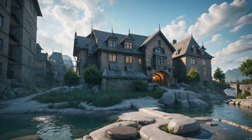  realistic, masterpiece, best quality, cinematic, dynamic lighting, natural shadow, ray tracing, volumetric lighting, highest detail, professional photography, detailed background,insane details, intricate, aesthetic,detailed matte painting,fantastic and intricate details,Bright color tones,Sunny Weather,fantasy concept art,8k resolution trending on Artstation Unreal Engine,medieval city,Compact architecture,Many people,Multiple buildings, castle