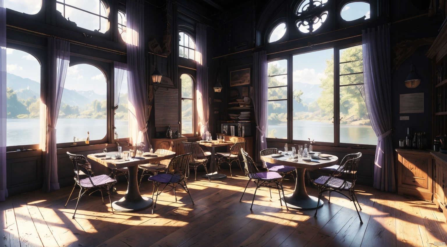  indoor,restaurant,purple and black room,dining-table,Abundant food on the dining table,chair,Simple french window,sliding doors, lamp, architecture,(Gothic style:1),French window,Simple french window,Tied up sheer curtains,Open Windows,Open french window,bright warm sunlight,The lakes and Forest Outside the Window,lakes,forest,intersting lights and shadows,8k hd, (highly detailed background, amazing background),(masterpiece), best quality, ultra detail, (intricate detail),dynamic lighting, perfect lighting, detailed shadows,(wide dynamic range:1.5)