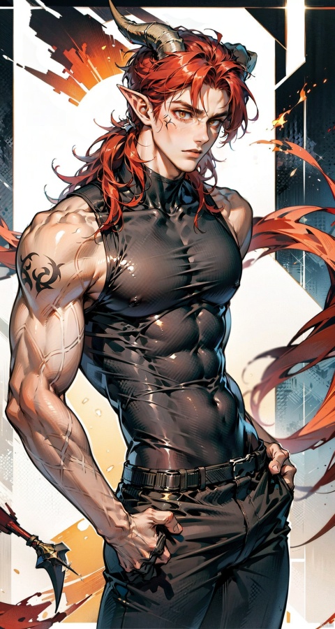  handsome male,upper body portrait,young,solo,big muscle,(thick arms),(big pecs),( long legs),slim,1male,slender waist,hands in pockets,abdominal muscle,Red hair,Black vest,Tattoos on arms,niji5, flamebringer (arknights),black bodysuit, hedelei,there are horns on the head