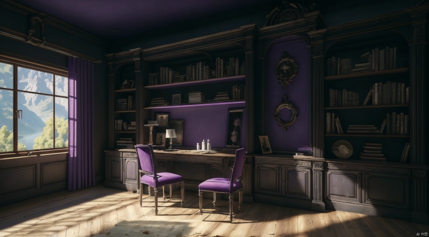  indoor,a study,study,purple and black room,Bookcase,(A bookcase occupying an entire wall:1.6),sofa,table,desk,chair,Simple french window,sliding doors,test tube,Various colored reagents in test tubes,(Gothic style:1),French window,Simple french window,Tied up sheer curtains,Open Windows,Open french window,bright warm sunlight,The lakes and Forest Outside the Window,lakes,forest,intersting lights and shadows,4k hd, (highly detailed background),(masterpiece), best quality, ultra detail, (intricate detail),dynamic lighting, perfect lighting, detailed shadows,(wide dynamic range:1.5), gothic