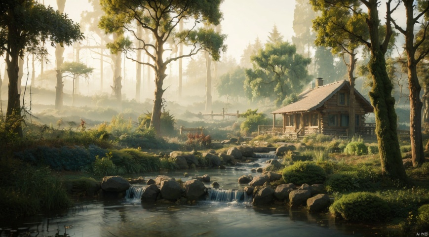  (forest:1.7),(Different varieties of trees:1.7),log cabin,The stream next to the small wooden house,The blue sky,Clear Sky,complex and detailed background,realistic,best quality,dynamic lighting,natural shadow,ray tracing,volumetric lighting,highest detail,detailed background,intricate, misty of forest