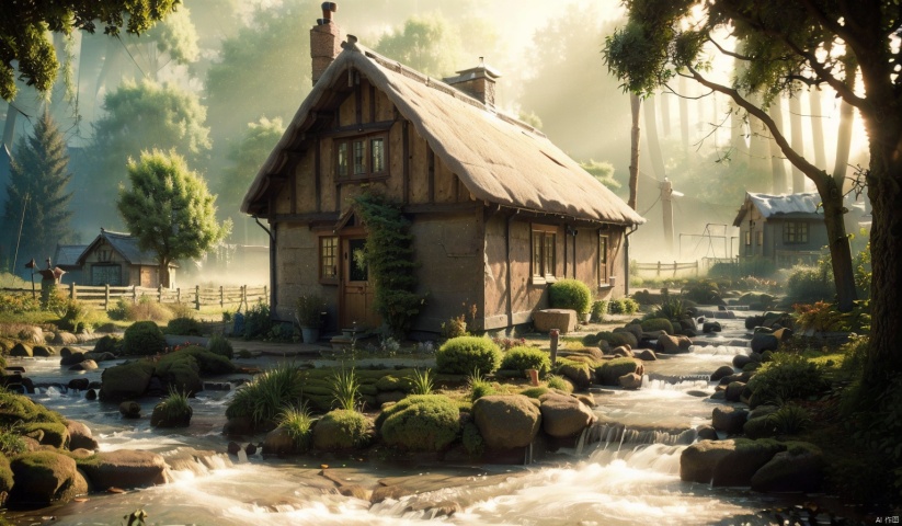  (forest:1.7),(Different varieties of trees:1.7),(Medieval Cottage:1.7),(The stream next to the small house:1.7),complex and detailed background,realistic,best quality,dynamic lighting,natural shadow,ray tracing,volumetric lighting,highest detail,detailed background,intricate