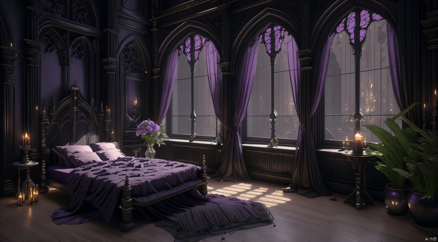  indoor,a bedroom,bedroom,purple and black room,Wide double bed,vase,The flowers in the vase,candlestick,Candles burning on the candlestick,(Gothic style:1.5),French window,Simple french window,Tied up sheer curtains,Open Windows,Open french window,night,The Moon and Forest Outside the Window,moon,moonlight,forest,architecture,intersting lights and shadows,ultra realistic, unreal engine 5, studio lighting, cinematic, High Detail, dramatic, cinematic, 8k, highres , extremely detailed CG unity 8k wallpaper, realistic, masterpiece, highest quality, lens flare, unreal engine, trending on ArtStation, Intricate, High Detail, realism, beautiful and detailed lighting, shadows, bedroomai, gothic, ais-crsd