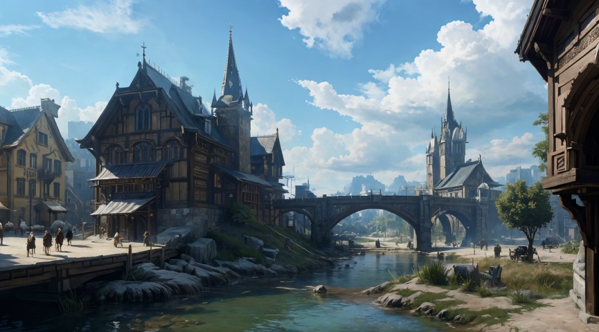  realistic, masterpiece, best quality, cinematic, dynamic lighting, natural shadow, ray tracing, volumetric lighting, highest detail, professional photography, detailed background,insane details, intricate, aesthetic,detailed matte painting,fantastic and intricate details,Bright color tones,Sunny Weather,fantasy concept art,8k resolution trending on Artstation Unreal Engine,medieval city,Compact architecture,Many people,Multiple buildings