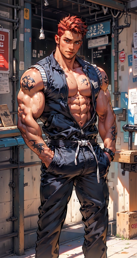  handsome male,upper body portrait,young,solo,big muscle,(thick arms),(big pecs),( long legs),slim,1male,slender waist,hands in pockets,red hair,black vest,black sleeveless jacket,tattoos on arms,muscular Male, fu