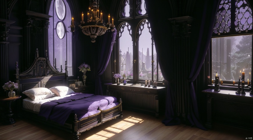  indoor,a bedroom,bedroom,purple and black room,Wide double bed,vase,The flowers in the vase,candlestick,Candles burning on the candlestick,(Gothic style:1.5),French window,Simple french window,Open Windows,Open french window,night,The Moon and Forest Outside the Window,moon,moonlight,forest,architecture,(highly detailed background, amazing background),(masterpiece), best quality, ultra detail,dynamic lighting, perfect lighting, detailed shadows, (wide dynamic range:1.5), bedroomai, ais-crsd