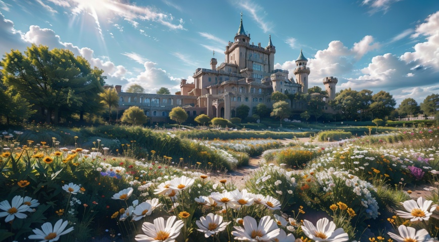  Flower Sea,Many flowers,Bright Sunshine, Flower sea,A castle in the distance,(A complex and detailed background),realistic,best quality,dynamic lighting,natural shadow,ray tracing,volumetric lighting,highest detail,detailed background,insane details,intricate,detailed face,detailed skin,subsurface scattering, gothichorrorai