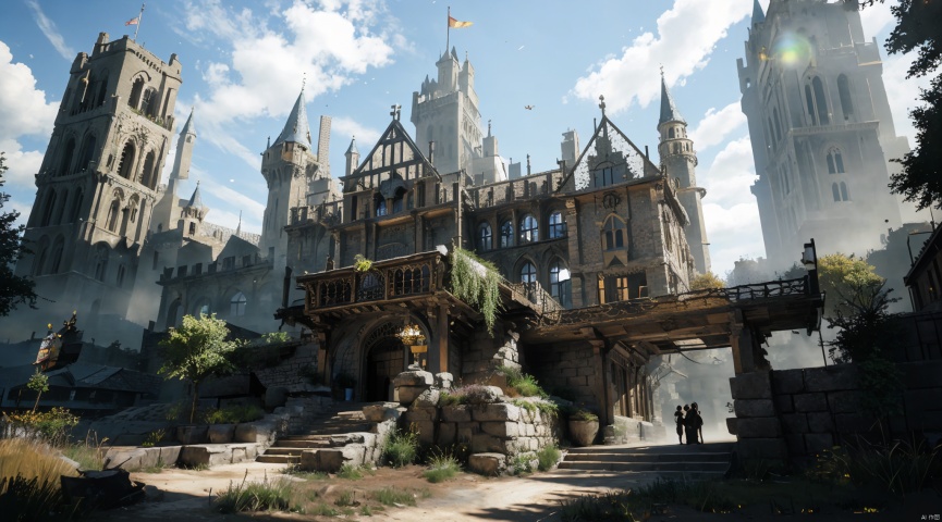  realistic, masterpiece, best quality, cinematic, dynamic lighting, natural shadow, ray tracing, volumetric lighting, highest detail, professional photography, detailed background,insane details, intricate, aesthetic,detailed matte painting,fantastic and intricate details,Bright color tones,Sunny Weather,fantasy concept art,8k resolution trending on Artstation Unreal Engine,medieval city,Compact architecture,Many people,Multiple buildings, castle, ttruins
