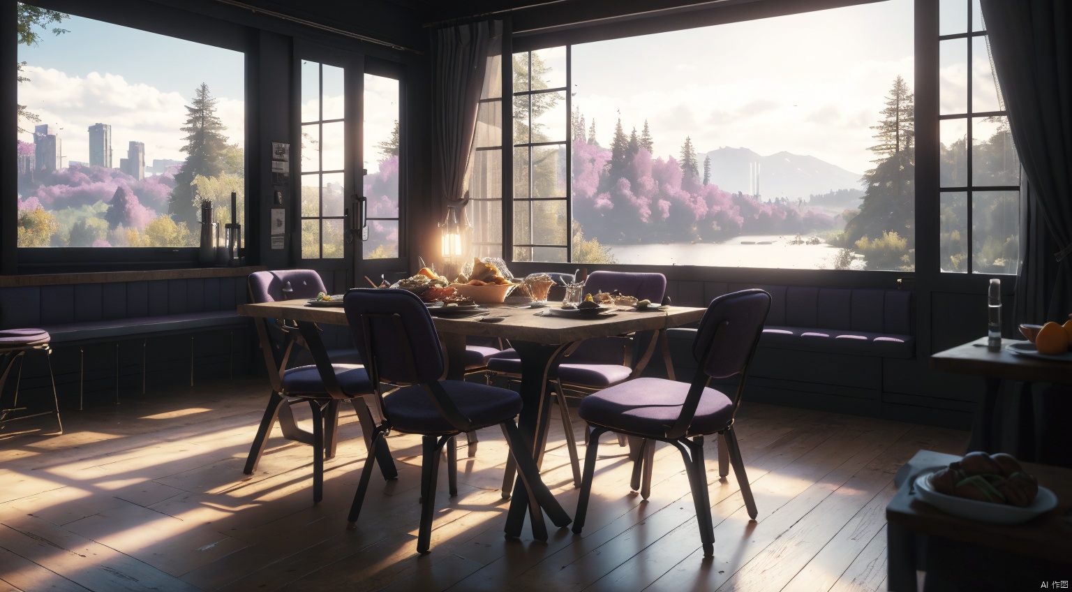 indoor,restaurant,purple and black room,dining-table,(Abundant food on the dining:1.6) table,chair,Simple french window,sliding doors, lamp, architecture,(Gothic style:1),French window,Simple french window,Tied up sheer curtains,Open Windows,Open french window,bright warm sunlight,The lakes and Forest Outside the Window,lakes,forest,intersting lights and shadows,8k hd, (highly detailed background, amazing background),(masterpiece), best quality, ultra detail, (intricate detail),dynamic lighting, perfect lighting, detailed shadows,(wide dynamic range:1.5)