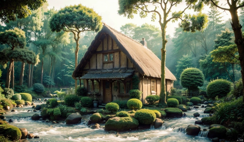 (forest:1.7),(Different varieties of trees:1.7),(Medieval Cottage:1.7),(The stream next to the small house:1.7),complex and detailed background,realistic,best quality,dynamic lighting,natural shadow,ray tracing,volumetric lighting,highest detail,detailed background,intricate