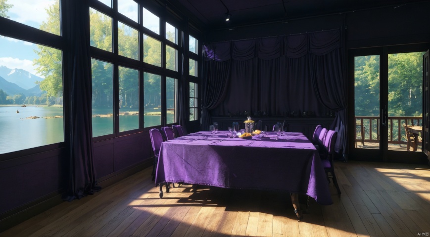  indoor,restaurant,purple and black room,dining-table,Abundant food on the dining table,chair,Simple french window,sliding doors, lamp, architecture,(Gothic style:1),French window,Simple french window,Tied up sheer curtains,Open Windows,Open french window,bright warm sunlight,The lakes and Forest Outside the Window,lakes,forest,intersting lights and shadows,8k hd, (highly detailed background, amazing background),(masterpiece), best quality, ultra detail, (intricate detail),dynamic lighting, perfect lighting, detailed shadows,(wide dynamic range:1.5)