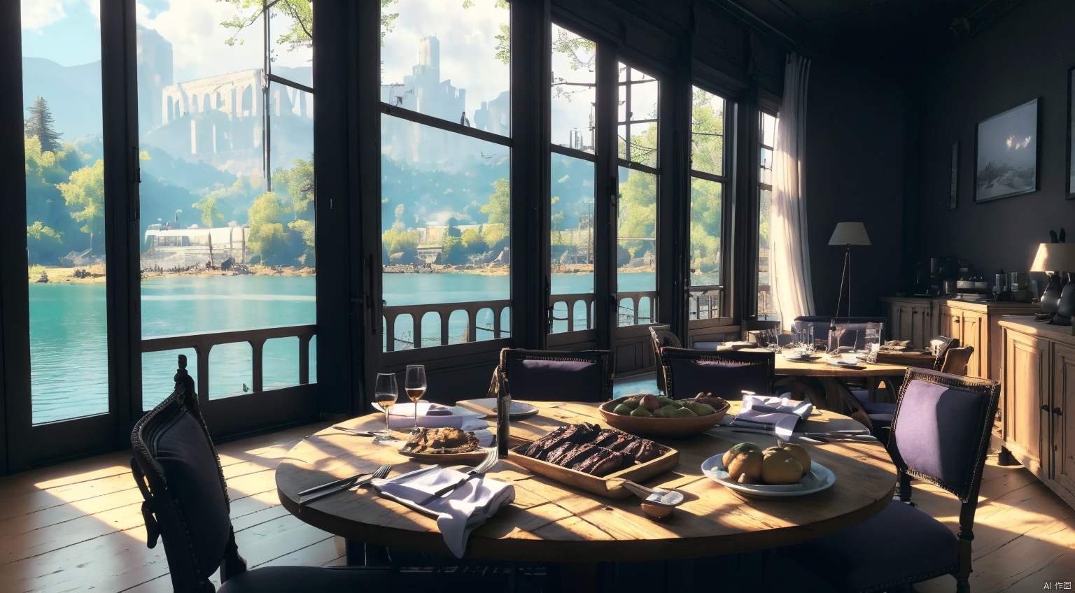 indoor,restaurant,purple and black room,dining-table,(Abundant food on the dining:1.6) table,chair,Simple french window,sliding doors, lamp, architecture,(Gothic style:1),French window,Simple french window,Tied up sheer curtains,Open Windows,Open french window,bright warm sunlight,The lakes and Forest Outside the Window,lakes,forest,intersting lights and shadows,8k hd, (highly detailed background, amazing background),(masterpiece), best quality, ultra detail, (intricate detail),dynamic lighting, perfect lighting, detailed shadows,(wide dynamic range:1.5)