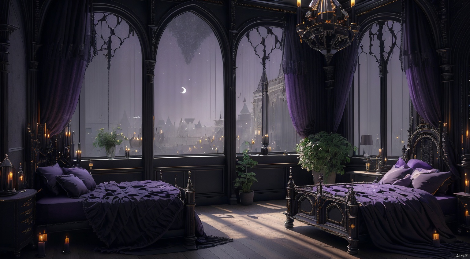  indoor,a bedroom,bedroom,purple and black room,Wide double bed,vase,The flowers in the vase,candlestick,Candles burning on the candlestick,(Gothic style:1.5),French window,Simple french window,Tied up sheer curtains,Open Windows,Open french window,night,The Moon and Forest Outside the Window,moon,moonlight,forest,architecture,intersting lights and shadows,ultra realistic, unreal engine 5, studio lighting, cinematic, High Detail, dramatic, cinematic, 8k, highres , extremely detailed CG unity 8k wallpaper, realistic, masterpiece, highest quality, lens flare, unreal engine, trending on ArtStation, Intricate, High Detail, realism, beautiful and detailed lighting, shadows, bedroomai, gothic