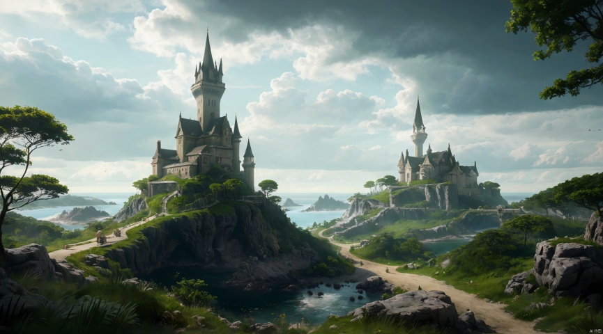 The surrounding decor contains green plants,detailed matte painting,fantastic and intricate details, fantasy concept art, 8k resolution trending on Artstation Unreal Engine, (\tong hua cheng bao\), RPG,castle, medieval,forest,coast, dark skin, 2D ConceptualDesign, castle,A sunny afternoon,Many people