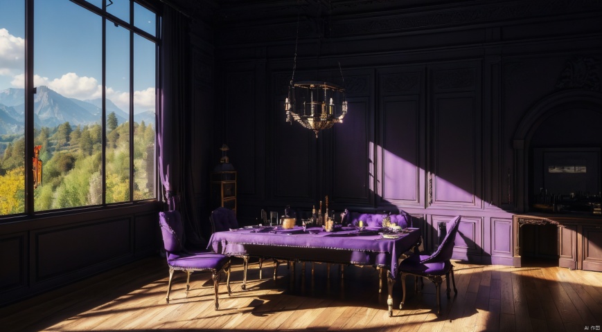 indoor,restaurant,purple and black room,dining-table,(Abundant food on the dining:1.6) table,chair,Simple french window,sliding doors, lamp, architecture,(Gothic style:1),French window,Simple french window,Tied up sheer curtains,Open Windows,Open french window,bright warm sunlight,The lakes and Forest Outside the Window,lakes,forest,intersting lights and shadows,8k hd, (highly detailed background, amazing background),(masterpiece), best quality, ultra detail, (intricate detail),dynamic lighting, perfect lighting, detailed shadows,(wide dynamic range:1.5)