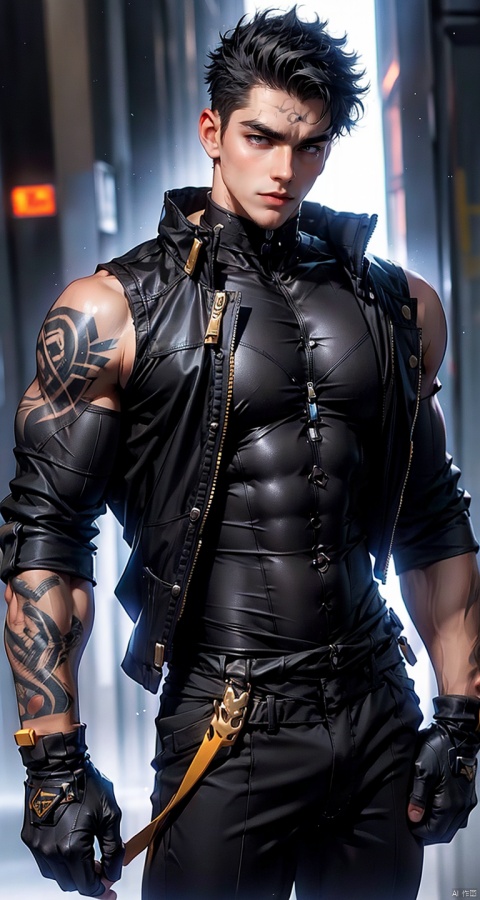 handsome male,upper body portrait,young,solo,big muscle,(thick arms),(big pecs),( long legs),slim,1male,slender waist,hands in pockets,(an open sleeveless jacket),(black vest),tattoos on arms, black bodysuit, fu, trailblazer,bodysuit,(large pectorals:1.5),(shiny skin:1)