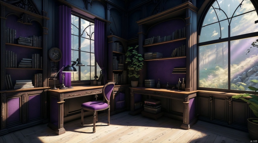  indoor,a study,study,purple and black room,Bookcase,(A bookcase occupying an entire wall:1.6),sofa,table,desk,chair,Simple french window,sliding doors,test tube,Various colored reagents in test tubes,(Gothic style:1),French window,Simple french window,Tied up sheer curtains,Open Windows,Open french window,bright warm sunlight,The lakes and Forest Outside the Window,lakes,forest,intersting lights and shadows,4k hd, (highly detailed background),(masterpiece), best quality, ultra detail, (intricate detail),dynamic lighting, perfect lighting, detailed shadows,(wide dynamic range:1.5), gothic