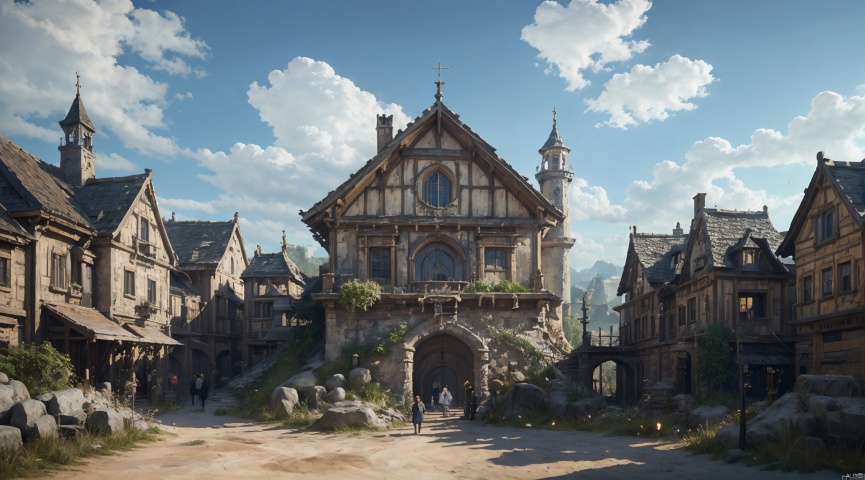  realistic, masterpiece, best quality, cinematic, dynamic lighting, natural shadow, ray tracing, volumetric lighting, highest detail, professional photography, detailed background,insane details, intricate, aesthetic,detailed matte painting,fantastic and intricate details,Bright color tones,Sunny Weather,fantasy concept art,8k resolution trending on Artstation Unreal Engine,medieval city,Compact architecture,Many people