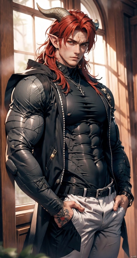  handsome male,upper body portrait,young,solo,big muscle,(thick arms),(big pecs),( long legs),slim,1male,slender waist,hands in pockets,abdominal muscle,Red hair,Black vest,Tattoos on arms,niji5, flamebringer (arknights),black bodysuit, hedelei,there are horns on the head,A strong male, black bodysuit