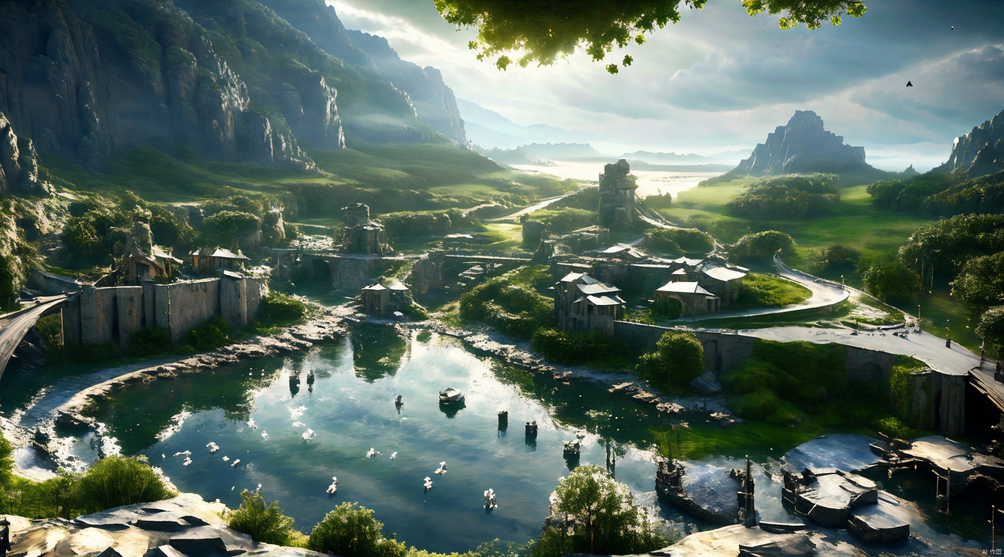  The surrounding decor contains green plants,detailed matte painting,fantastic and intricate details, fantasy concept art, 8k resolution trending on Artstation Unreal Engine, (\tong hua cheng bao\), RPG,castle, medieval,forest,coast,Liquid Sky,A prosperous town