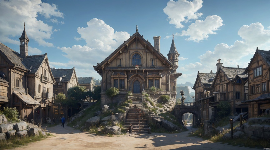  realistic, masterpiece, best quality, cinematic, dynamic lighting, natural shadow, ray tracing, volumetric lighting, highest detail, professional photography, detailed background,insane details, intricate, aesthetic,detailed matte painting,fantastic and intricate details,Bright color tones,Sunny Weather,fantasy concept art,8k resolution trending on Artstation Unreal Engine,medieval city,Compact architecture,Many people