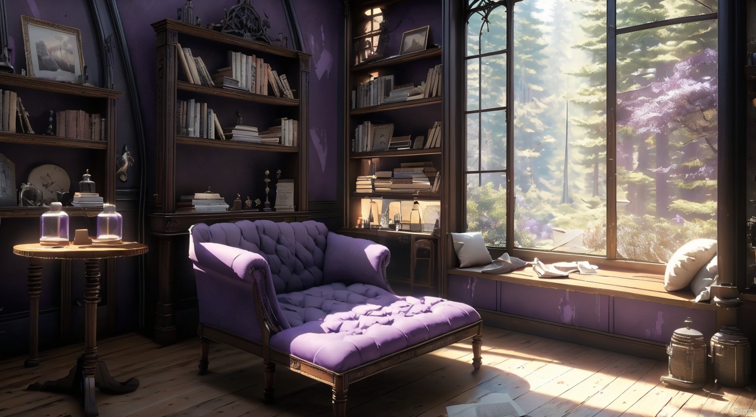  indoor,a study,study,purple and black room,Bookcase,(A bookcase occupying an entire wall:1.6),sofa,table,desk,chair,Simple french window,sliding doors,test tube,Various colored reagents in test tubes,(Gothic style:1),French window,Simple french window,Tied up sheer curtains,Open Windows,Open french window,bright warm sunlight,The lakes and Forest Outside the Window,lakes,forest,intersting lights and shadows,4k hd, (highly detailed background),(masterpiece), best quality, ultra detail, (intricate detail),dynamic lighting, perfect lighting, detailed shadows,(wide dynamic range:1.5), gothic, cozy animation scenes